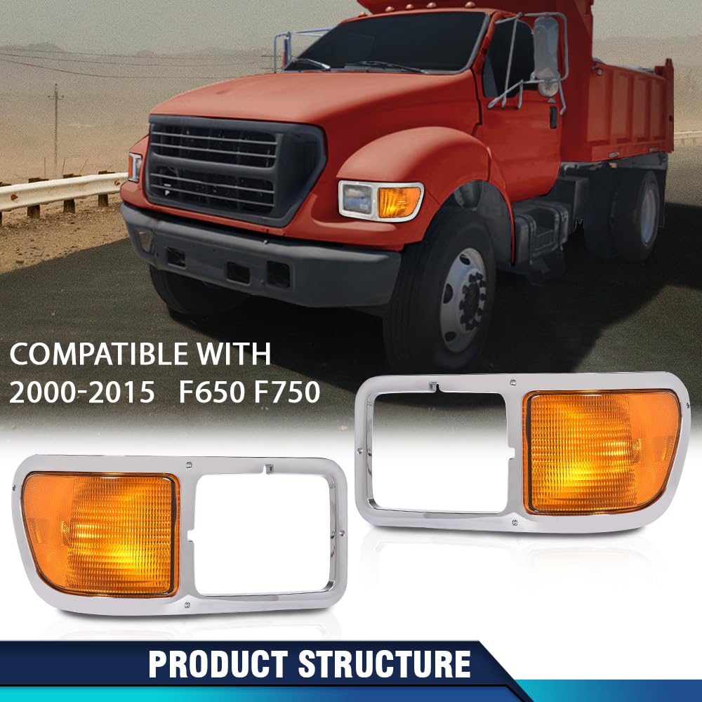 PIT66 Chrome Headlight Bezels Driver and Passenger Side with Bules Compatible with Ford F650 F750 2000-2015 FO2520196 FO2521196 YC3Z13201AA YC3Z13200AA