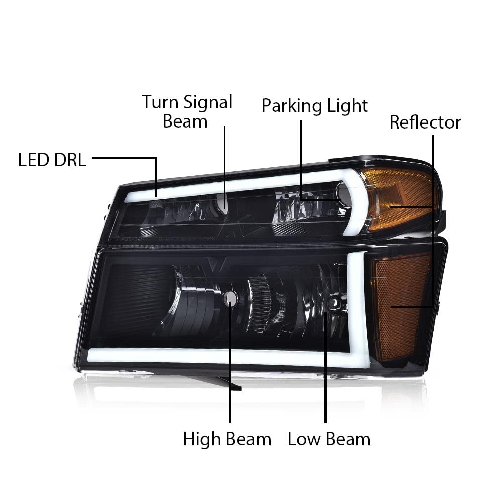 PIT66 LED Headlights Assembly Front Headlamp Compatible with GMC Canyon/Chevy Colorado 2004-2012 20766569,20766570 Smoky lens Black Housing Amber Reflector