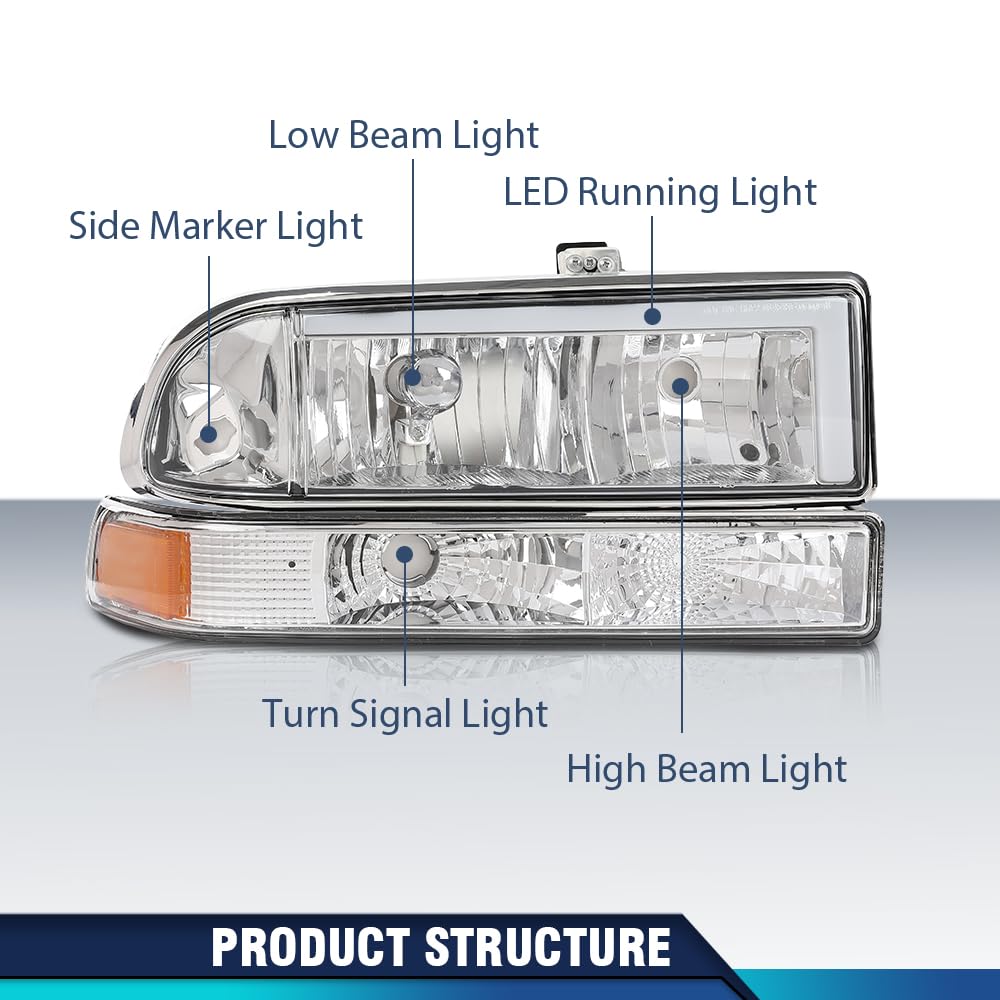 PIT66 LED DRL Headlights Assembly w/Corner Bumper Turn Signal Lights Lamps w/o Bulbs Compatible with Chevy S10 Pickup 1998-2004 Fit Chevy Blazer 1998-2005 Clear Lens Amber Reflector