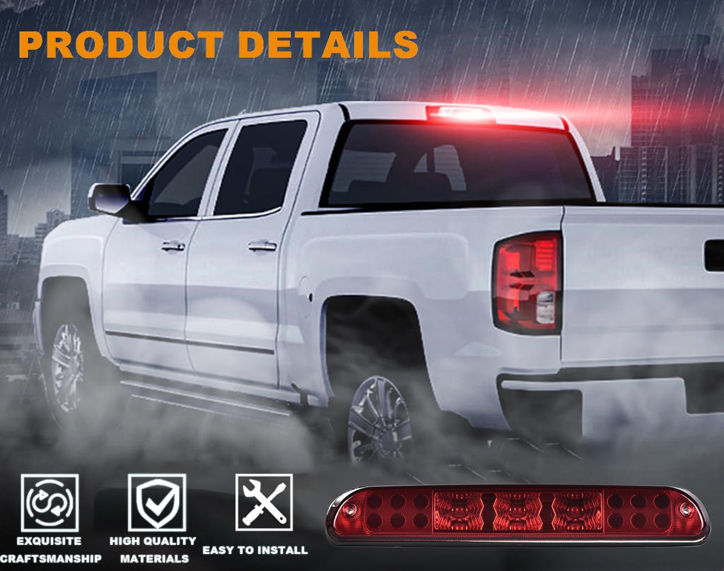 PIT66 LED 3rd Brake Light, Compatible with 99-15 F250 F350 F450 F550 Third Brake Stop Lamp Light Red Lens Chrome Housing