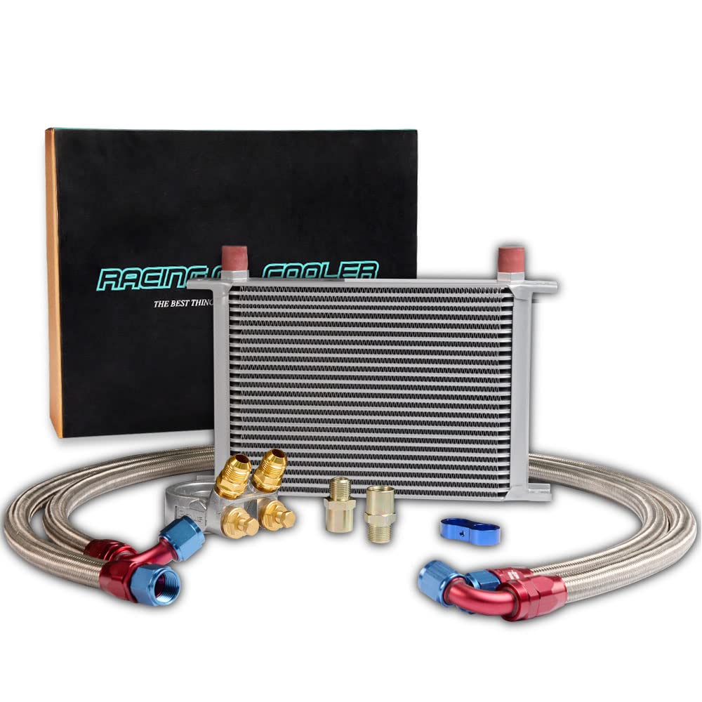 PIT66 25 Row AN10-10AN Universal Aluminum Engine Transmission Oil Cooler Kit+ Oil Filter Relocation Kit Silver C Set 1