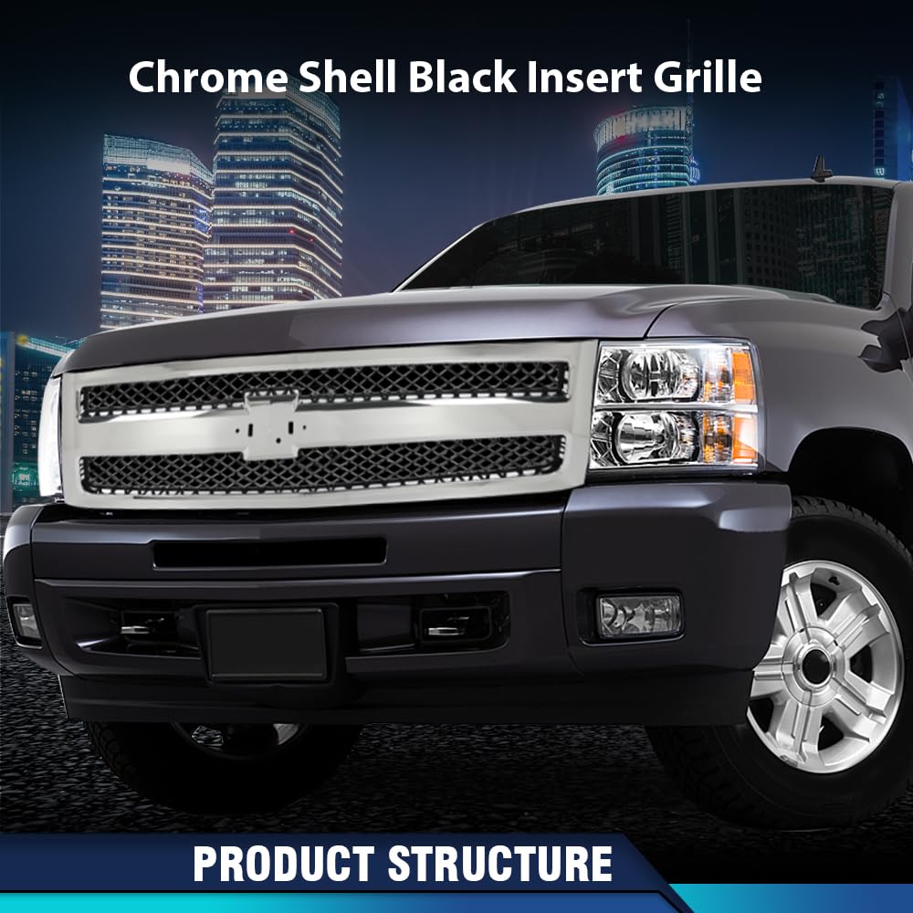 PIT66 Grille Fit Chevy Silverado 1500 2007-2013 Chrome Shell w/Black Insert