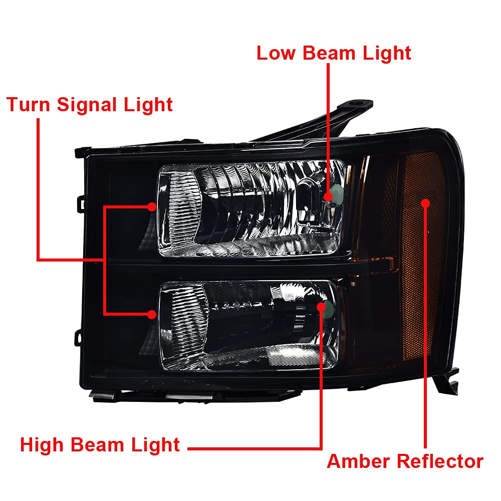 PIT66 Headlight Assembly Compatible with 2007-2013 GMC Sierra 1500 2500HD 3500HD Headlamps Assembly Accessories river & Passenger Side Pickup Truck Replacement Smoky Lens Black Housing Amber Reflector