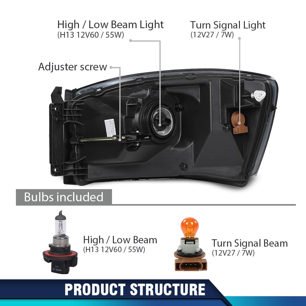 PIT66 Headlights Assembly Pair Fit Dodge Ram 1500 2006 2007 2008