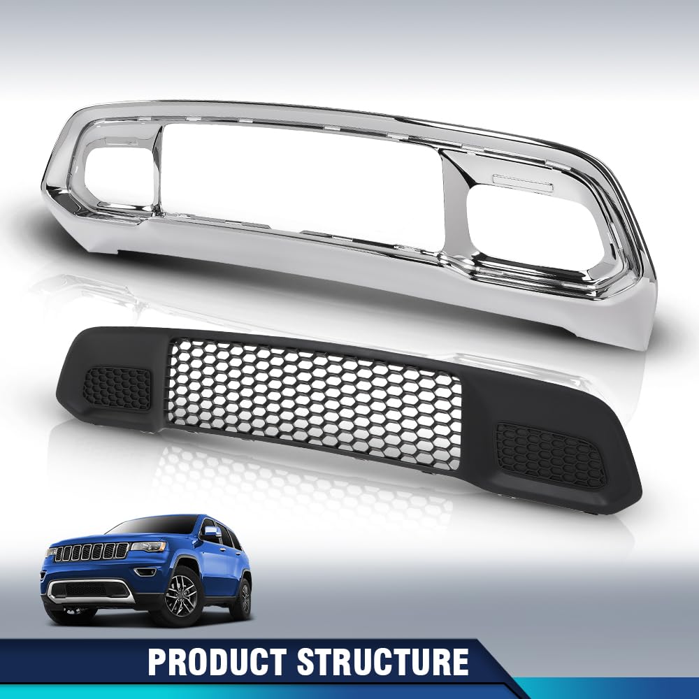 PIT66 Front Lower Grille & Chrome Bumper Grill Fit Grand Cherokee 2017-2022