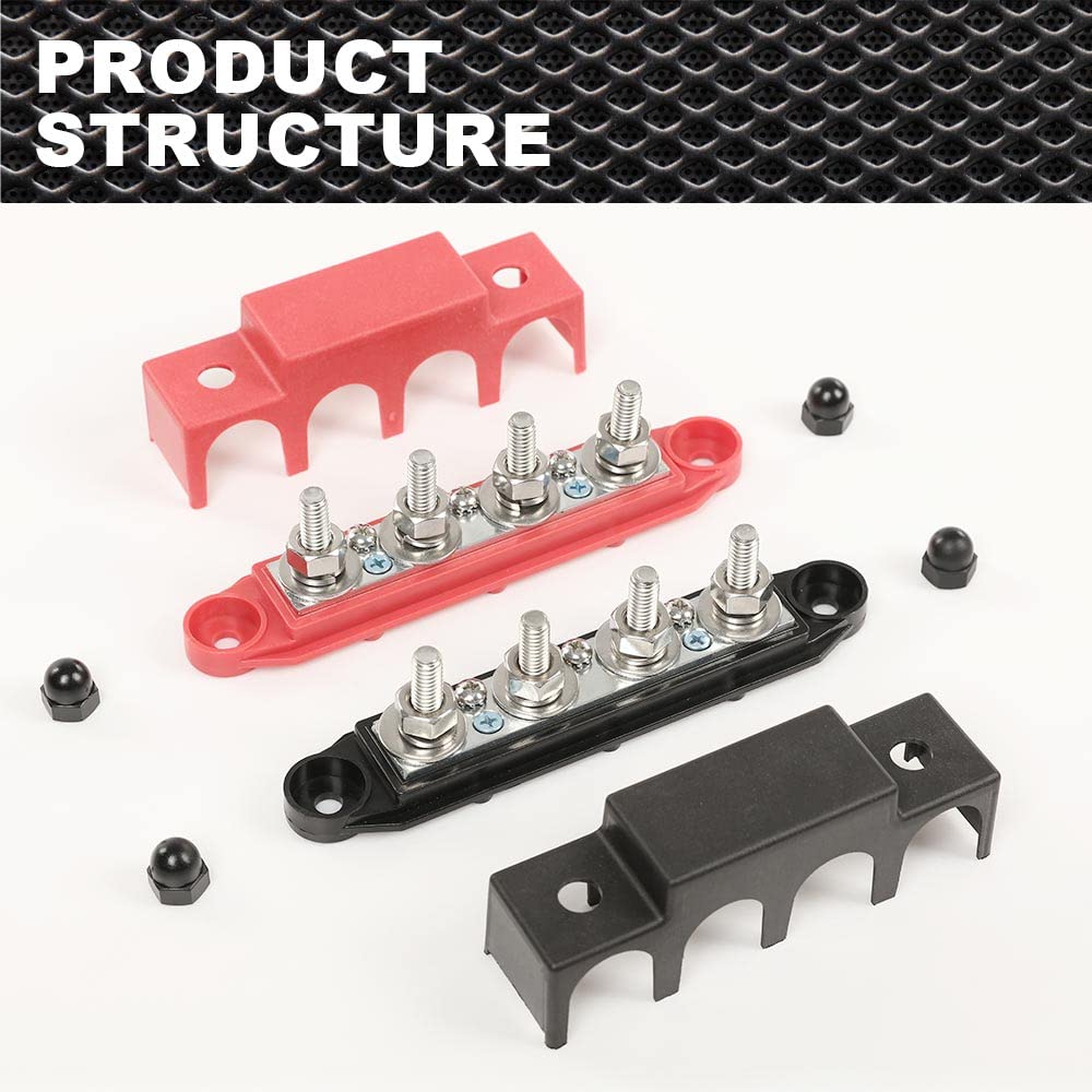 PIT66 12V 250A Power Distribution Block Bus Bar w/ 4 x 5/16"(M8) Studs,4 Post Battery Busbar Terminal Block Fit for Automotive Car RV Truck Marine Solar and Electrical Equipment, Red & Black