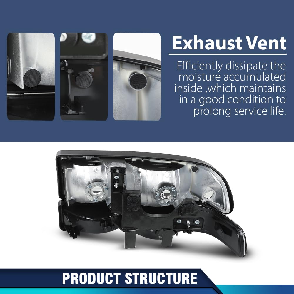 PIT66 Headlights Assembly Bumper Turn Signal Light Lamp Compatible with Chevy Blazer 1998-2005/Fit Chevy S10 Pickup 1998-2004 for Model with Bumper Lights Smoky Lens Black Housing Clear Reflector