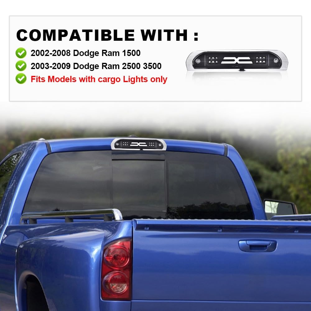 PIT66 LED 3rd Third Brake Light Compatible with Dodge Ram 1500 2002-2008/Compatible with Dodge Ram 2500 3500 2003-2009 High Mount Light Brake Light Cargo Clear Lens Black Housing