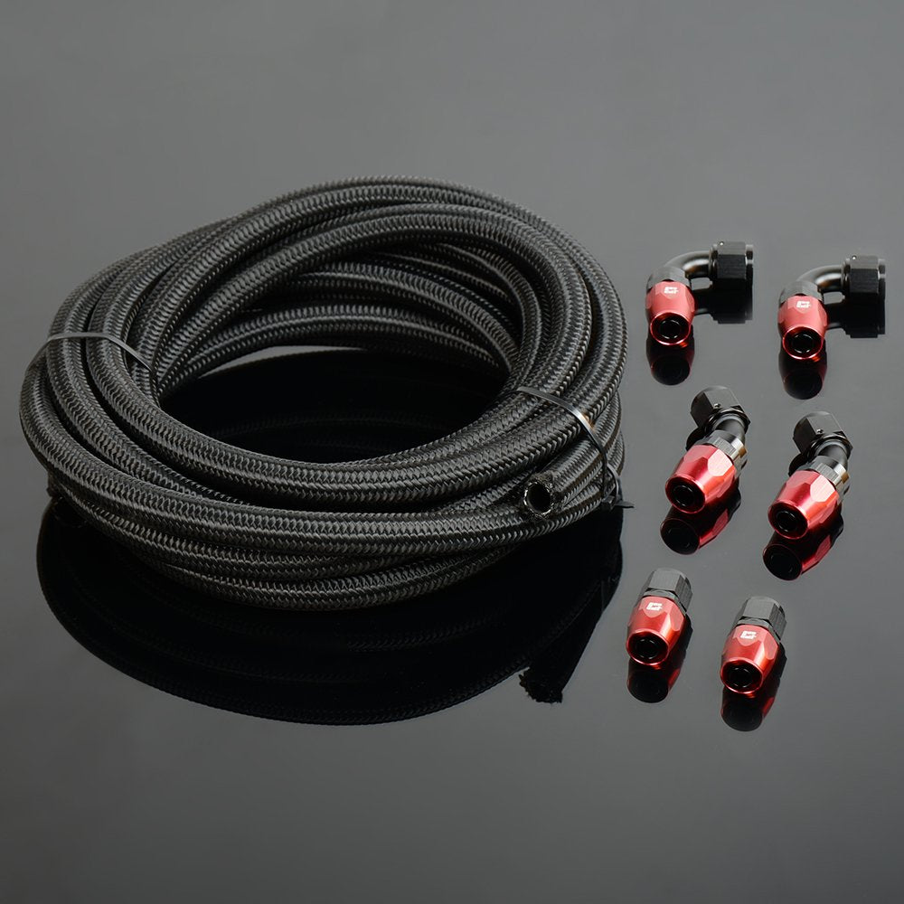 PIT66 AN6 16.4Ft Stainless Steel & Nylon Braided Fuel Line Hose + Fitting Hose End Adaptor Kit Black (Tube OD: 14mm ID: 9mm)