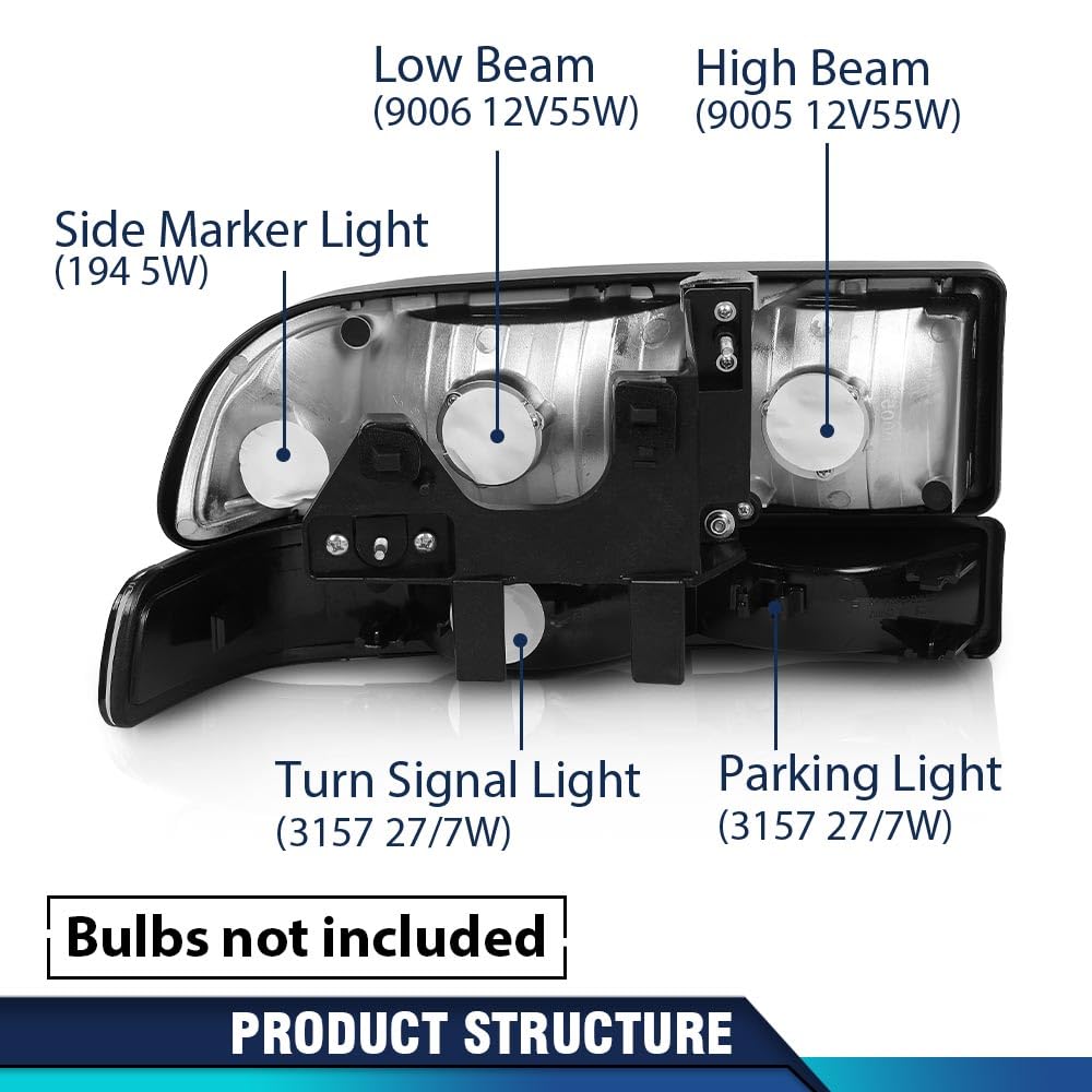 PIT66 Headlights Assembly Corner Bumper Turn Signal Lights w/o Bulbs Compatible with Chevy Blazer 1998-2005 /Fit Chevy S10 Pickup 1998-2004 Clear Lens Black Housing Clear Reflector