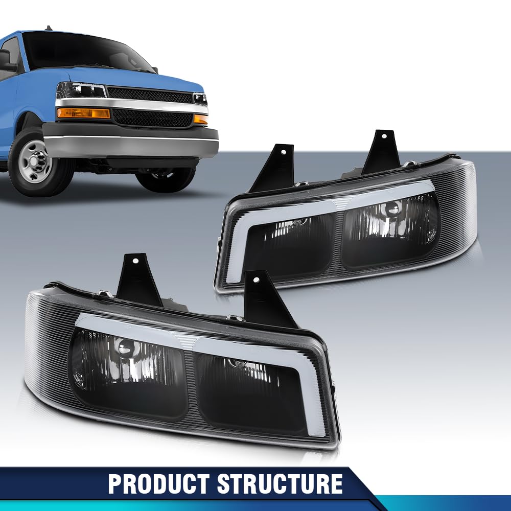 PIT66 LED Headlights Assembly w/Bulbs Pair Compatible with Chevy Express GMC Savana 1500 2003-2014/ Fit GMC Savana 2500 3500 2003-2023 Clear Lens Black Housing Front Headlamps