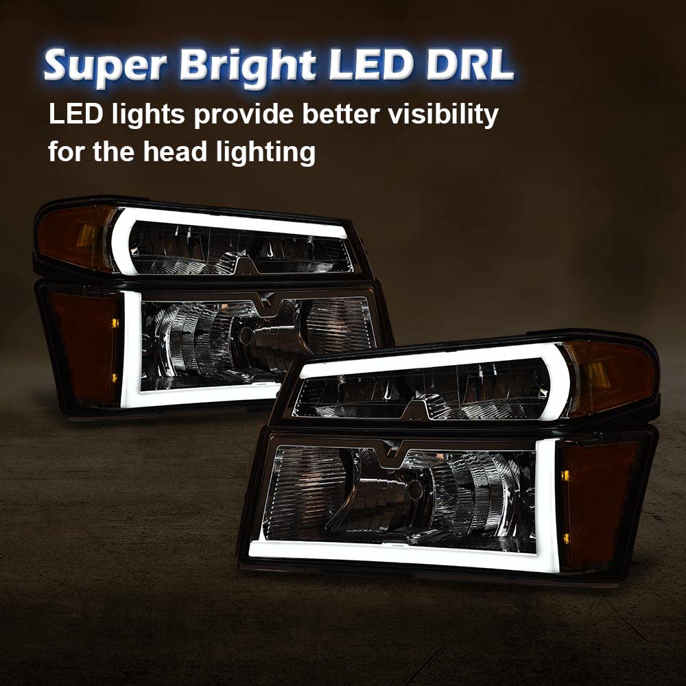 PIT66 LED DRL Headlight Assembly Compatible with 2004-2012 Chevy Colorado & GMC Canyon/Fit 2006 Isuzu i-280 i-350/07-08 Isuzu i-290 i-370 Headlamps Clear Lens Chrome Housing Amber Reflector
