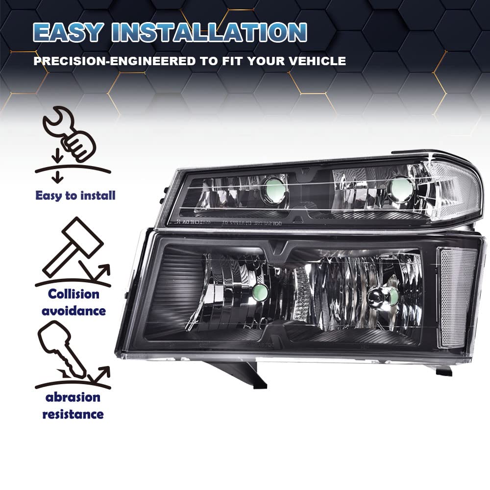 PIT66 Headlight Assembly Compatible with 2004-2012 Chevy Colorado/04-12 GMC Canyon/06 Isuzu i-280 i-350/07-08 Isuzu i-290 i-370 Clear Lens Black Housing Clear Reflector Halogen Headlamp