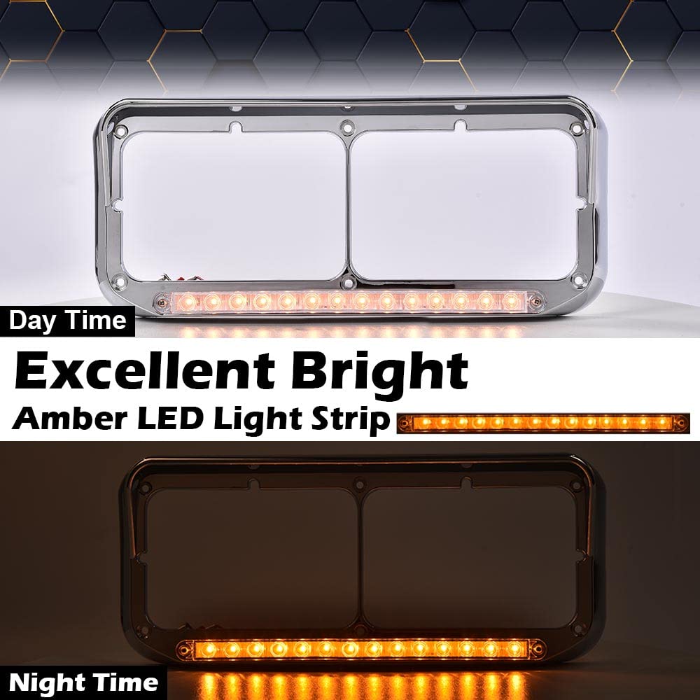 PIT66 12" Headlight Visor Bezels w/Amber LED Bar Compatible with Kenworth T400 T600 T800 W900 Classic 120 132 /Peterbilt 378 379 /Western Star 4900