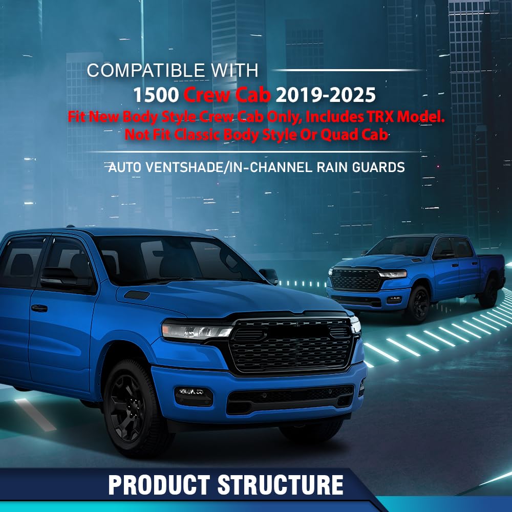 PIT66 in-Channel Ventvisor Deflectors Fit Dodge Ram 1500 Crew Cab 2019-2025