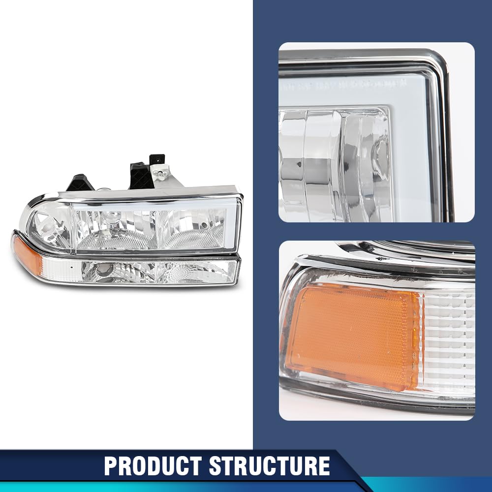 PIT66 LED DRL Headlights Assembly w/Corner Bumper Turn Signal Lights Lamps w/o Bulbs Compatible with Chevy S10 Pickup 1998-2004 Fit Chevy Blazer 1998-2005 Clear Lens Amber Reflector