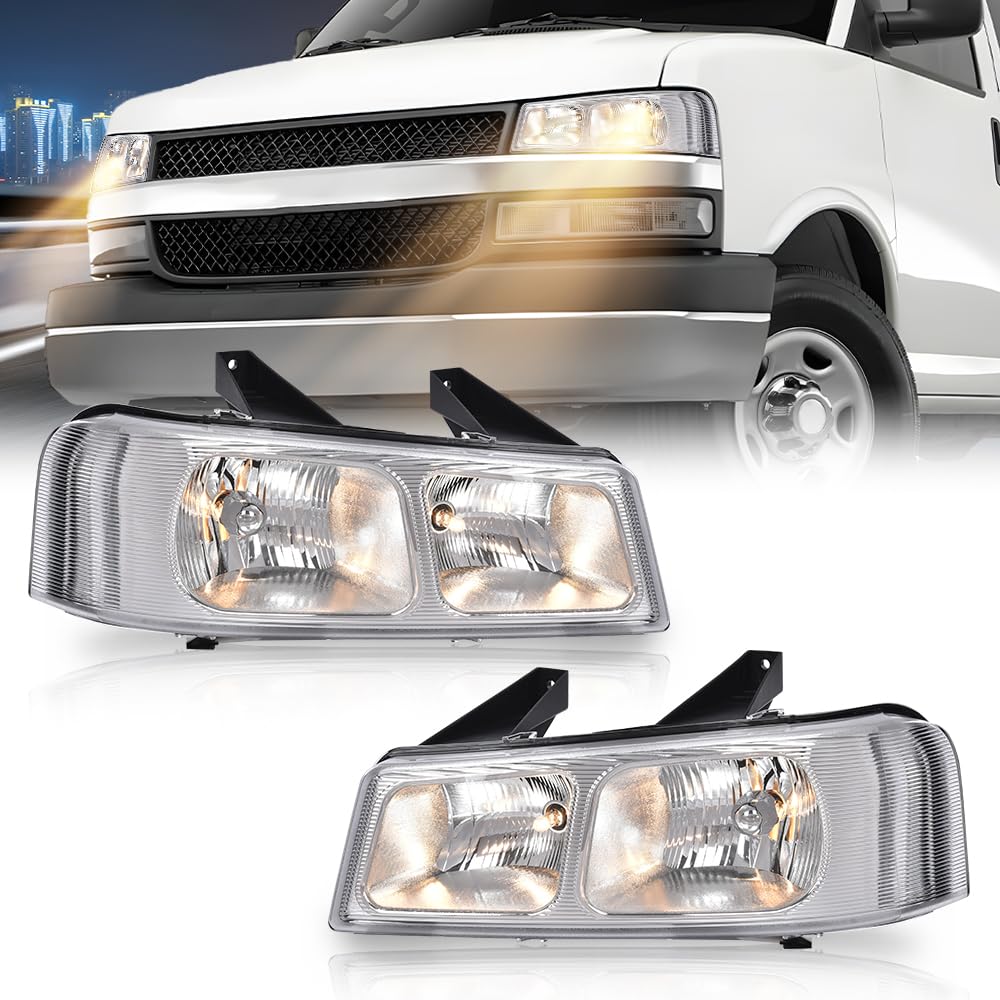 PIT66 Headlights Assembly Pair w/Bulbs Compatible with Chevy Express 1500/GMC Savana 1500 2003-2014, Fit Chevy Express 2500 3500/GMC Savana 2500 3500 2003-2021 (Clear Lens Chrome Housing)