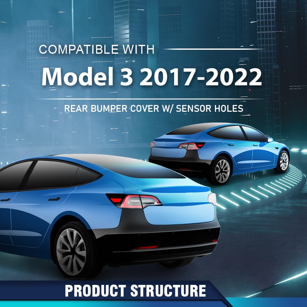 PIT66 Rear Bumper Cover W/Sensor Holes Fit Tesla Model 3 2017-2022 Black