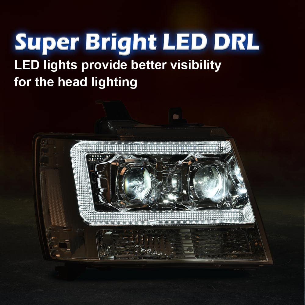 PIT66 LED Tube Dual Projector Headlight Assembly Compatible with 2007-2013 Chevy Avalanche Suburban 2500/2007-2014 Tahoe Suburban 1500, Smoke Lens Chrome Housing Clear Reflector