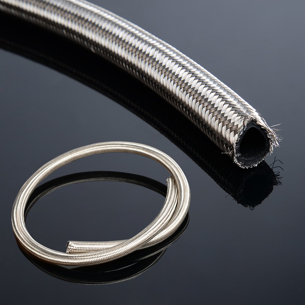 PIT66 AN4 16.4Ft Stainless Steel & Nylon Braided Fuel Line Hose + Fitting Hose End Adaptor Kit Silver (Tube OD: 11mm IN ID: 7mm)