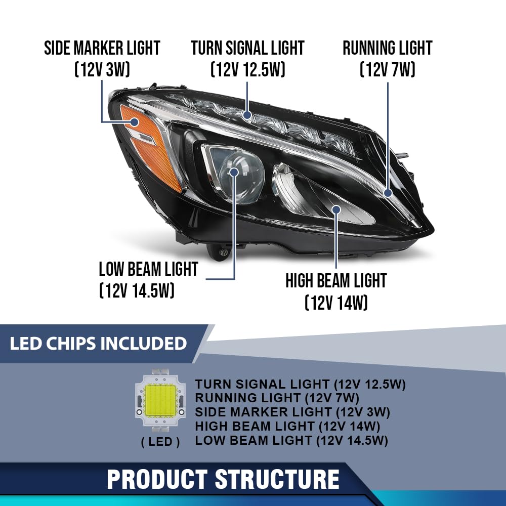 PIT66 LED Right Headlights Assembly Fit Benz C-Class C300 W205 2015-2018