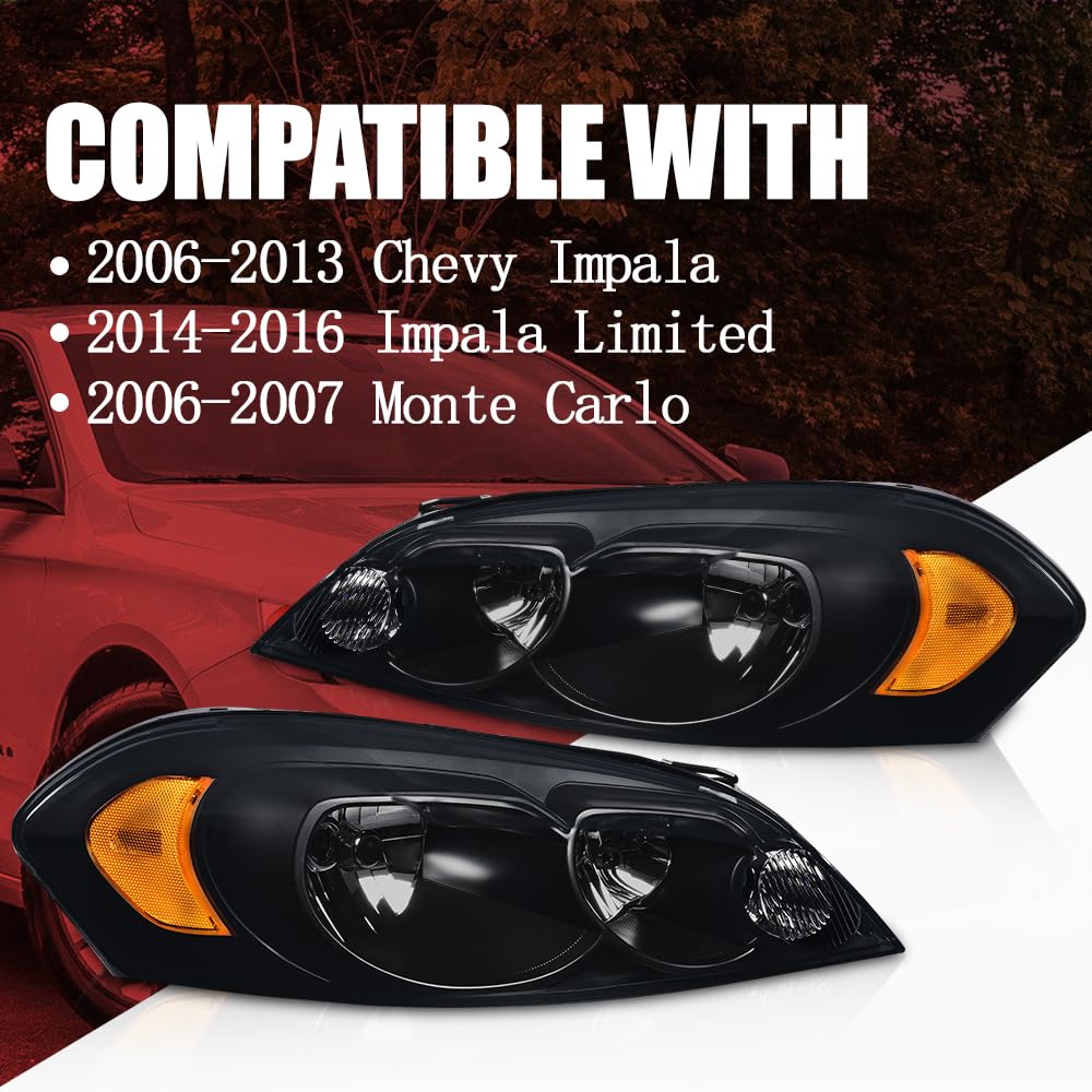 PIT66 Headlights Assembly Compatible with 2006-2013 Chevy Impala / 14-16 Impala Limited / 06-07 Monte Carlo Halogen Headlamps Assembly Accessories Smoky lens Black Housing Amber Reflector