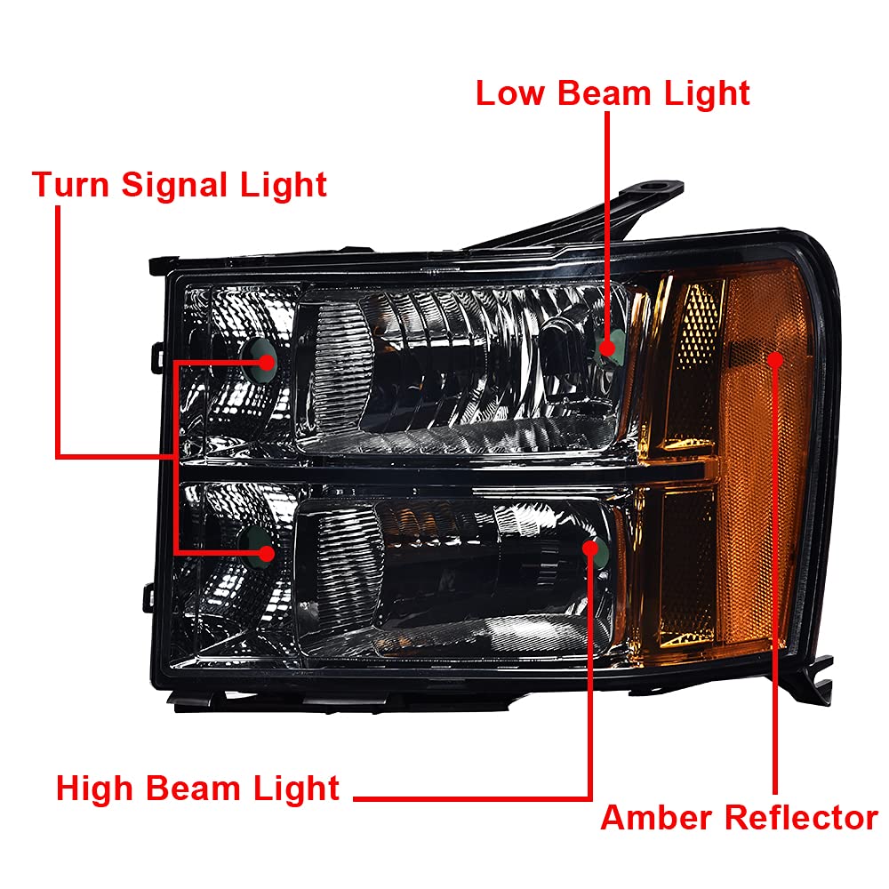 PIT66 Headlight Assembly Compatible with 2007-2013 GMC Sierra 1500 2500HD 3500HD Driver & Passenger Side Halogen Headlamps Smoky Lens Chrome Housing Amber Reflector