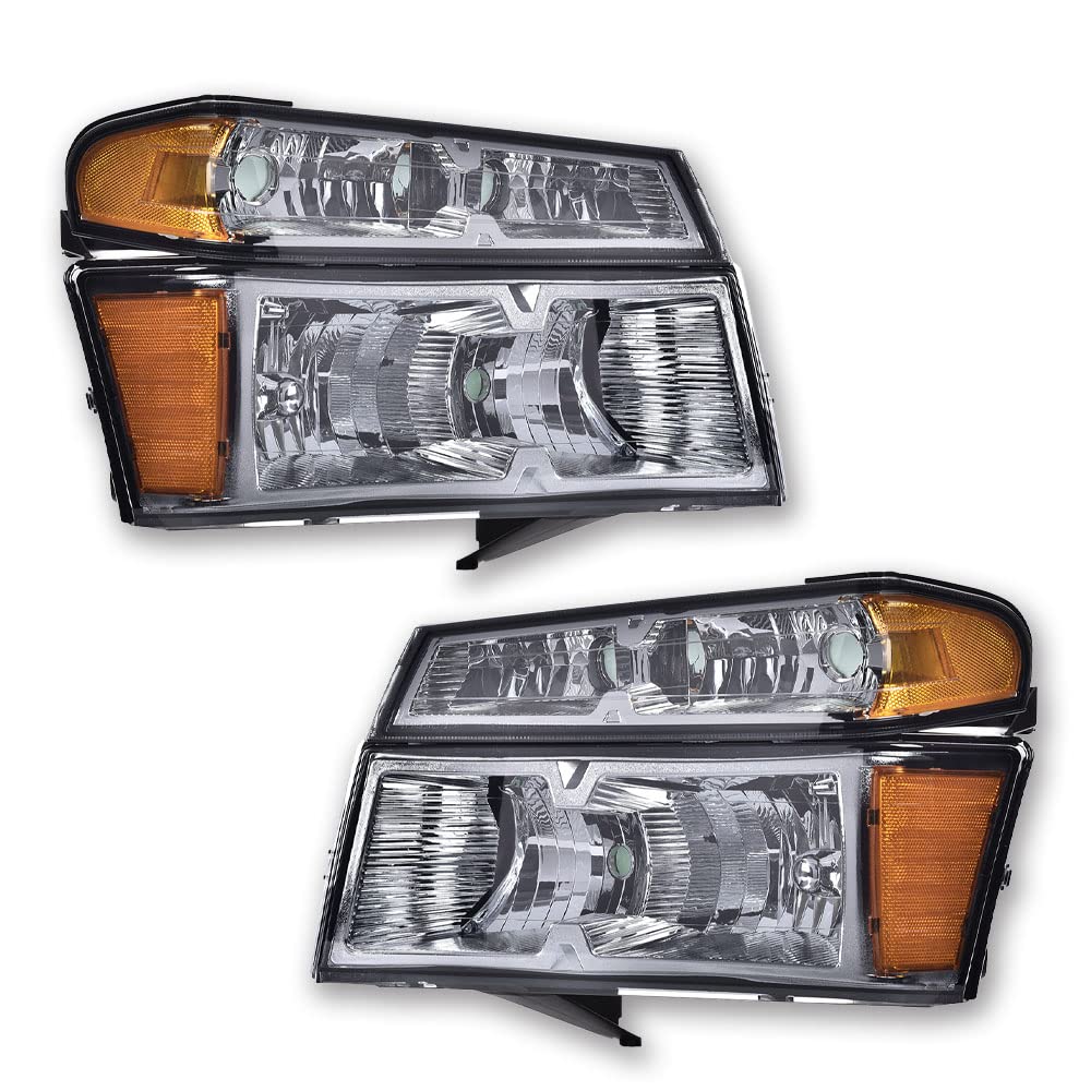 PIT66 Headlight Assembly Compatible with 2004-2012 Chevy Colorado/04-12 GMC Canyon/06 Isuzu i-280 i-350/2007-2008 Isuzu i-290 i-370 Smoke Lens Chrome Housing Amber Reflector Halogen Headlamp