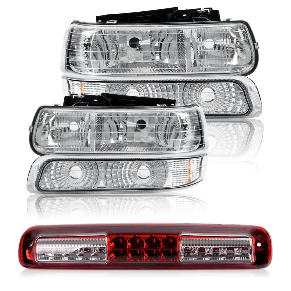 PIT66 LED 3rd Third Brake Light & Headlights Assembly Fit Chevy Silverado & GMC Sierra 1500 2500HD 3500 1999-2006 Halogen Clear&Red Lens 12210025R, 12210025LCAPA, GM2502187