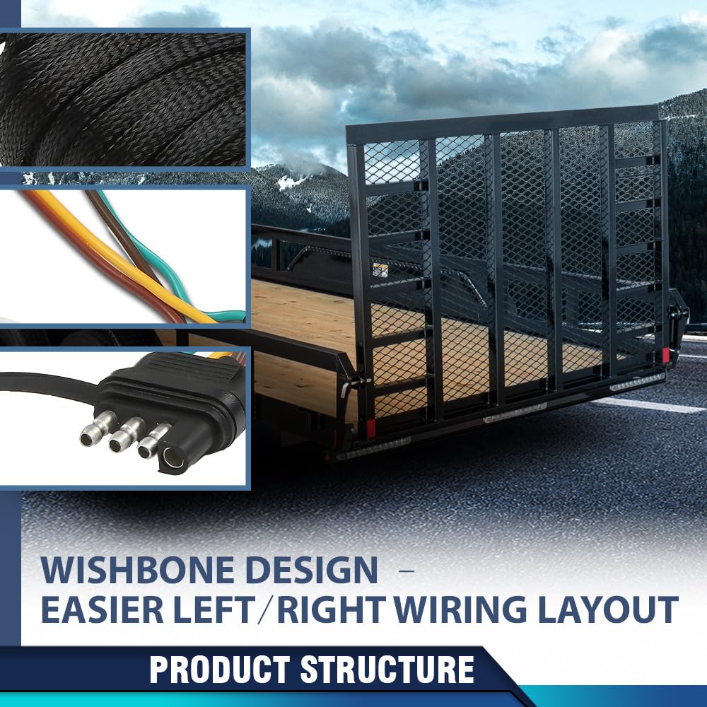 PIT66 4 Pin Flat Trailer Tail Light Wiring Harness Kit 25 Ft Wishbone Style, Fit for Marine Boat Trailer, ATV Trailer or Other Cargo Utility Trailer w/ 4-Way Plug