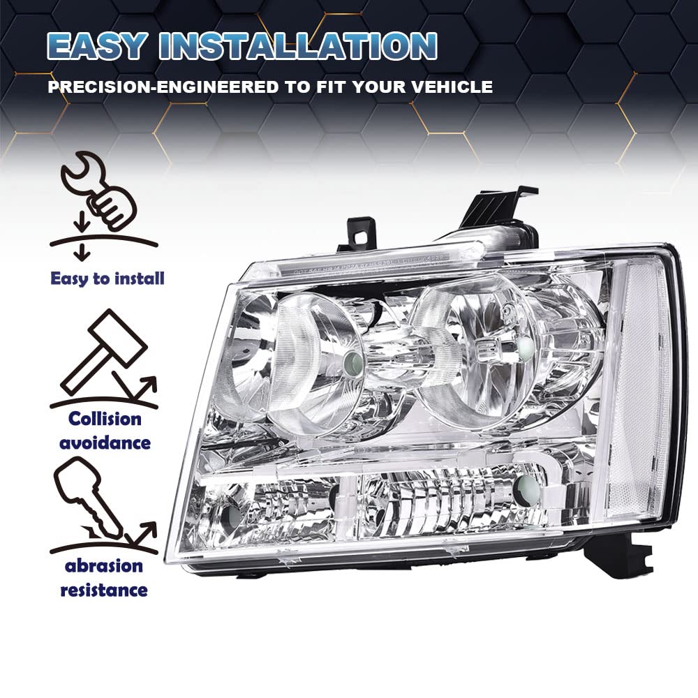 PIT66 Headlight Assembly Compatible with 2007-2014 Chevy Tahoe Suburban/ 2007-2013 Chevy Avalanche Corner Headlamps Front Lights Clear Lens Chrome Housing Clear Reflector