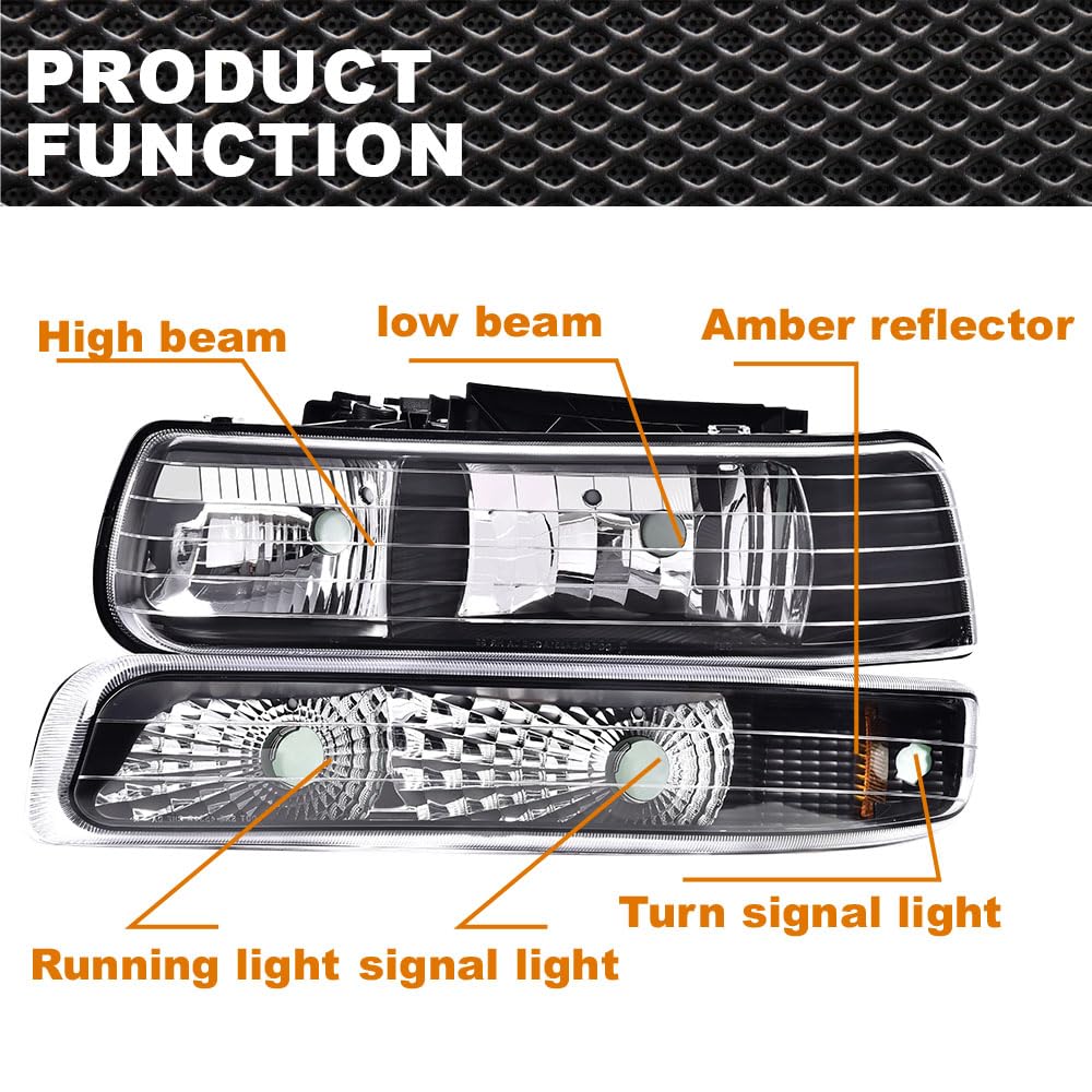 PIT66 Headlight Assembly + Brake Light Compatible with Chevy Silverado 1500 2500 1999-2002/Fit Silverado 1500HD 2500HD 3500 2001-2002/Fit Tahoe Suburban 2000-2006 Halogen Clear & Red Lens 12210025L