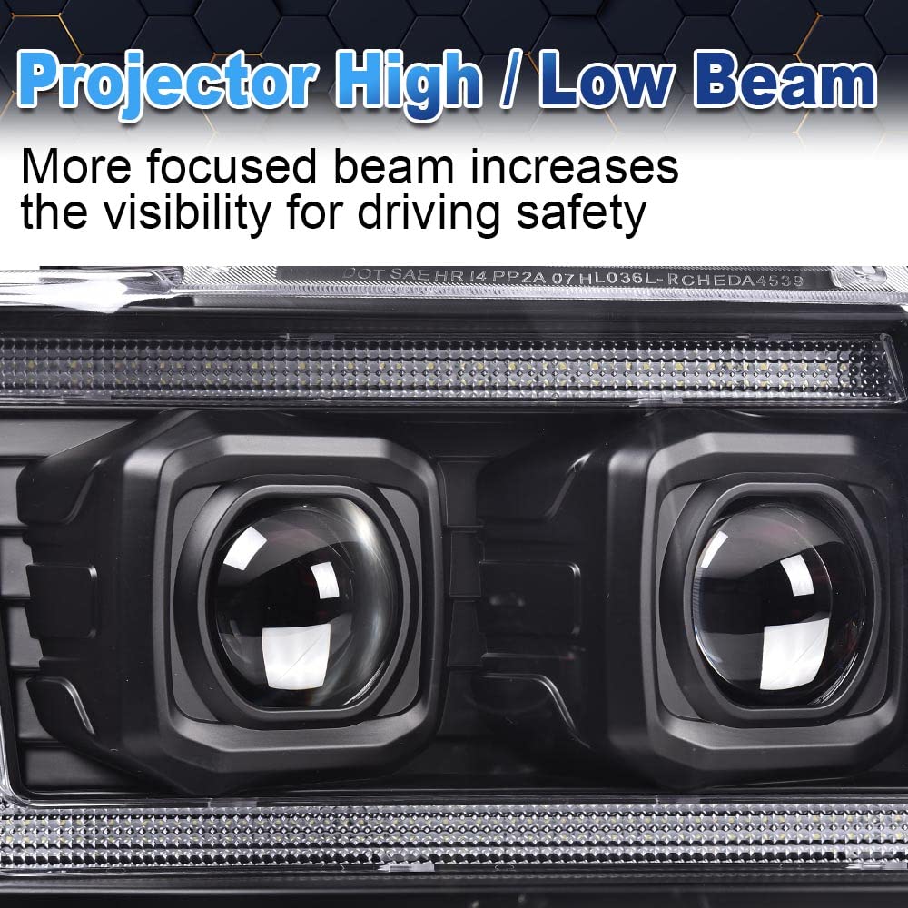 PIT66 LED Tube Dual Projector Headlight Assembly Compatible with 2007-2013 Chevy Avalanche Suburban 2500/2007-2014 Tahoe Suburban 1500 Headlamps Front Lights Smoke Lens Chrome Housing Clear Reflector
