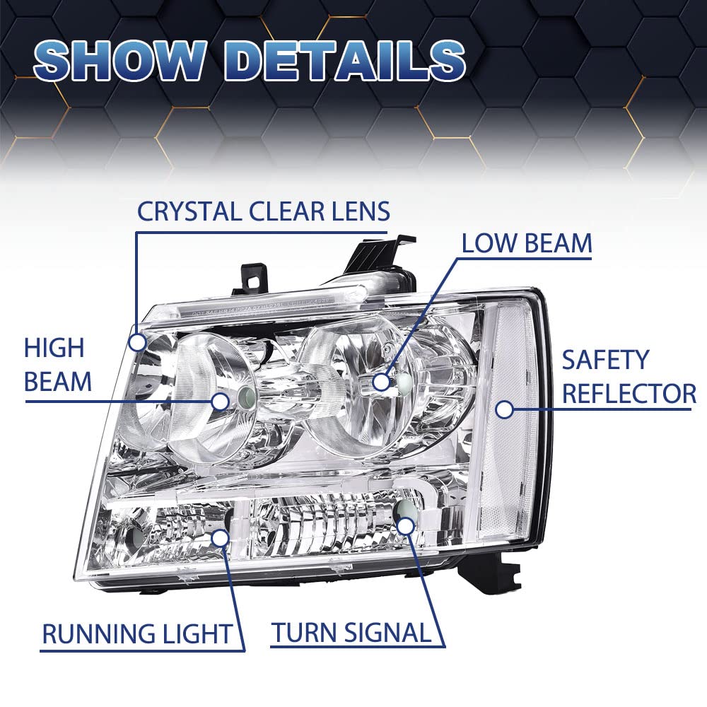 PIT66 Headlight Assembly Compatible with 2007-2014 Chevy Tahoe Suburban/ 2007-2013 Chevy Avalanche Corner Headlamps Front Lights Clear Lens Chrome Housing Clear Reflector
