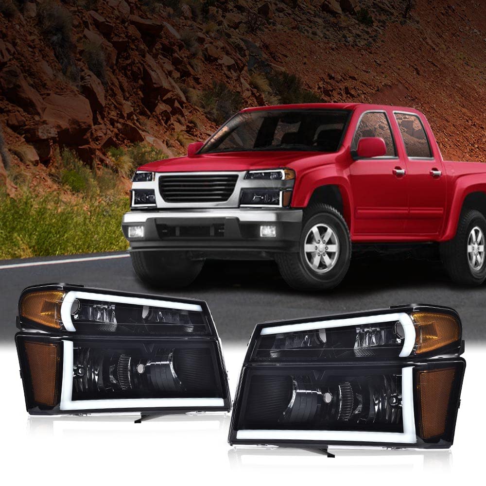 PIT66 LED Headlights Assembly Front Headlamp Compatible with GMC Canyon/Chevy Colorado 2004-2012 20766569,20766570 Smoky lens Black Housing Amber Reflector