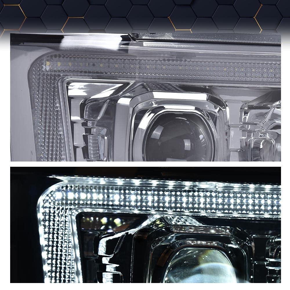PIT66 LED Tube Dual Projector Headlight Assembly Compatible with 2007-2013 Chevy Avalanche Suburban 2500/2007-2014 Tahoe Suburban 1500 Headlamps Front Lights Smoke Lens Chrome Housing Clear Reflector