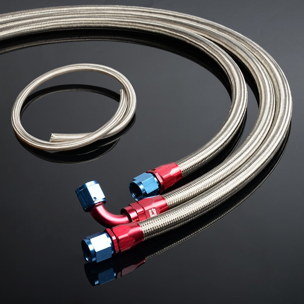 PIT66 AN4 16.4Ft Stainless Steel & Nylon Braided Fuel Line Hose + Fitting Hose End Adaptor Kit Silver (Tube OD: 11mm IN ID: 7mm)