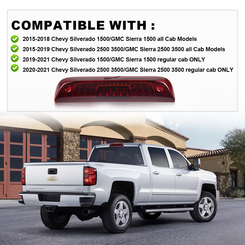 PIT66 LED 3rd Brake Light, Compatible with 14-18 Chevy Silverado 1500 2500HD 3500 3500HD/14-18 GMC Sierra 1500 2500HD Third Brake Stop Lamp Light Red Lens Black Housing