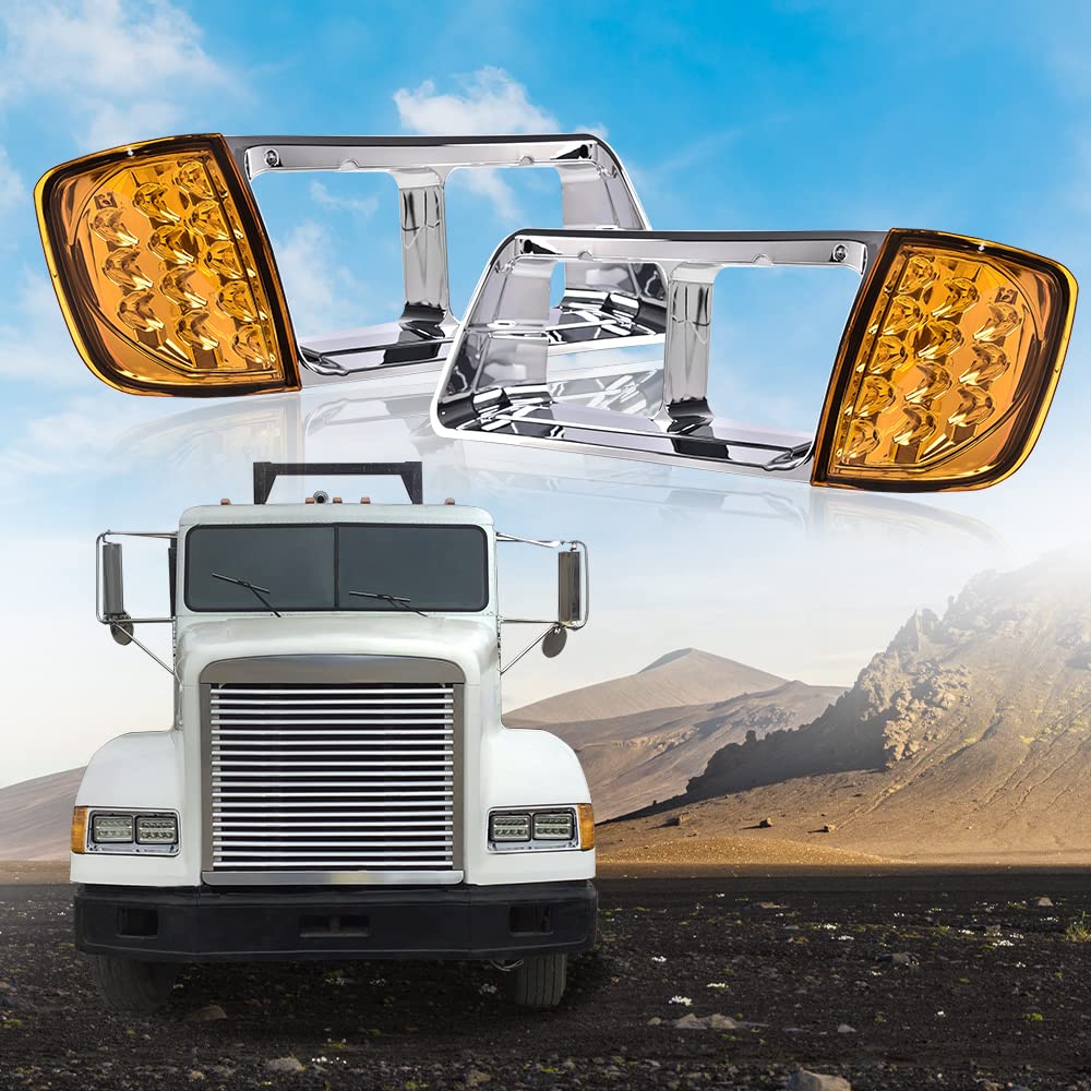 PIT66 Headlight Bezel W/LED Turn Signal Light, Compatible with 2010-2012 Freightliner FLD120 FLD120SD Left & Right Side #32337#32336