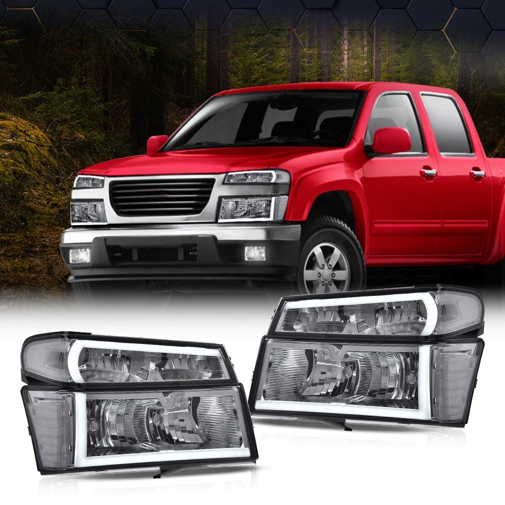 PIT66 LED DRL Headlight Assembly Compatible with 2004-2012 Chevy Colorado GMC Canyon/2006 Isuzu i-280 i-350/07-08 Isuzu i-290 i-370 Headlamps Accessories Smoke Lens Chrome Housing Clear Reflector