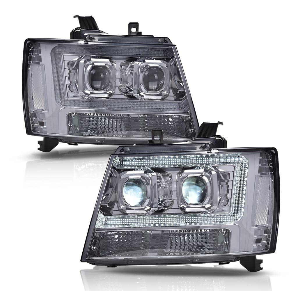 PIT66 LED Tube Dual Projector Headlight Assembly Compatible with 2007-2013 Chevy Avalanche Suburban 2500/2007-2014 Tahoe Suburban 1500 Headlamps Front Lights Smoke Lens Chrome Housing Clear Reflector