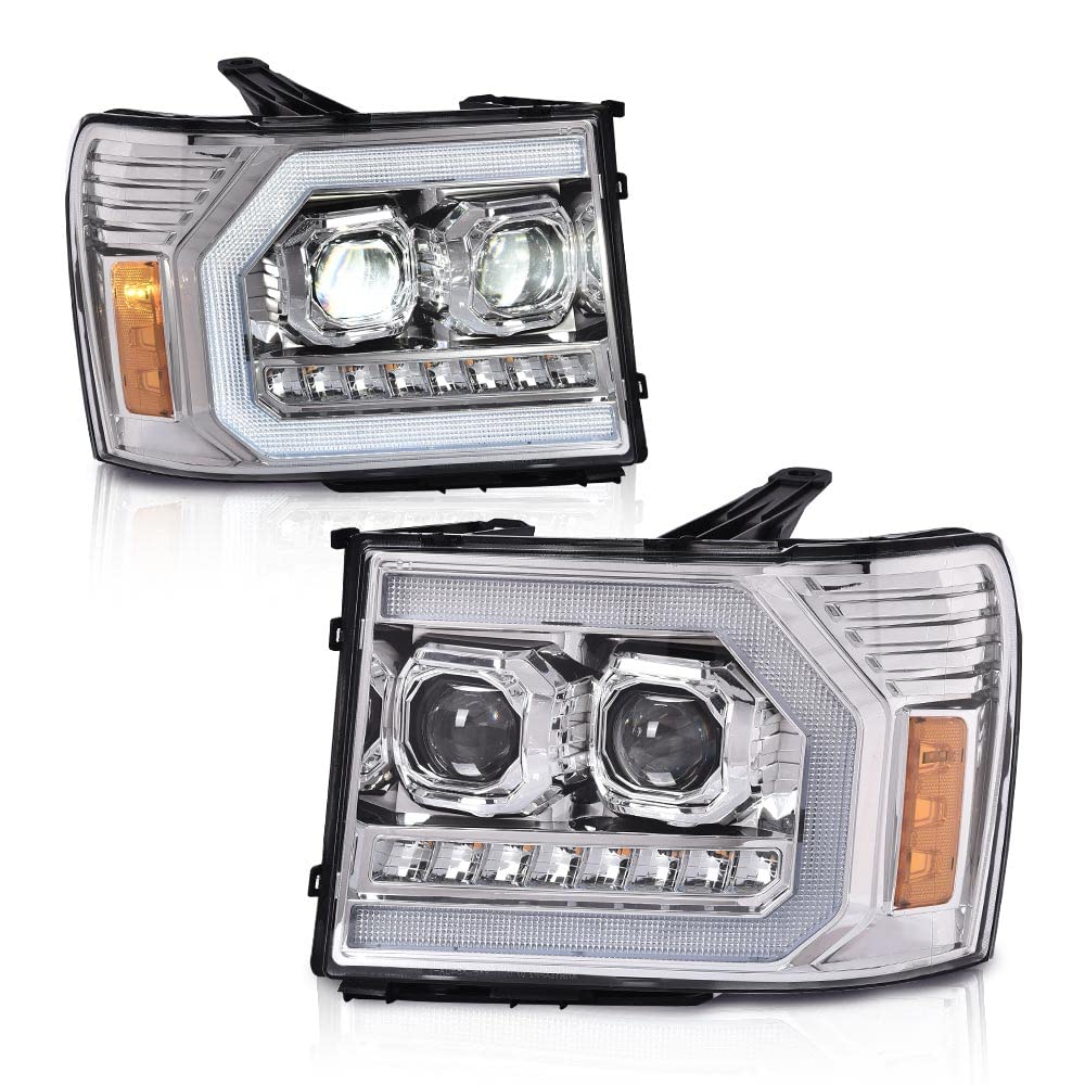 PIT66 LED DRL Tube Projector Headlights Assembly Compatible with GMC Sierra 1500 2007-2013/Fit Sierra 2500HD 3500HD 2007-2014 (Not Fit Classic models) Clear lens Chrome Housing Amber Reflector