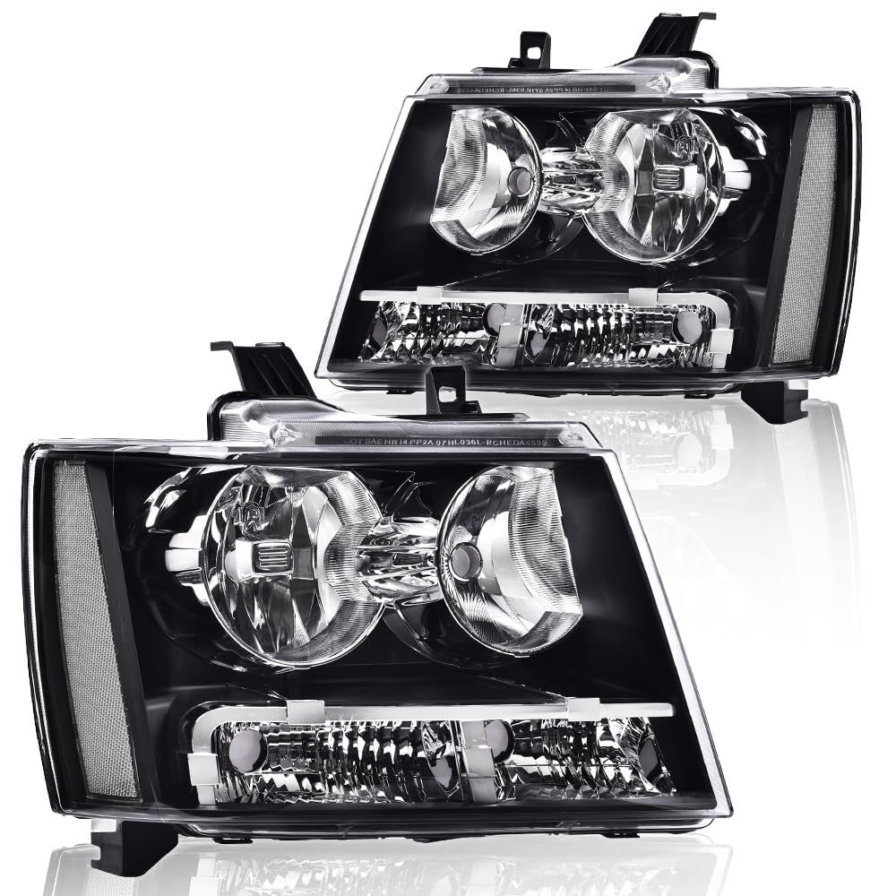 PIT66 Headlight Assembly Compatible with 2007-2014 Chevy Tahoe Suburban/07-13 Chevy Avalanche Corner Halogen Headlamps Clear Lens Black Housing Clear Reflector
