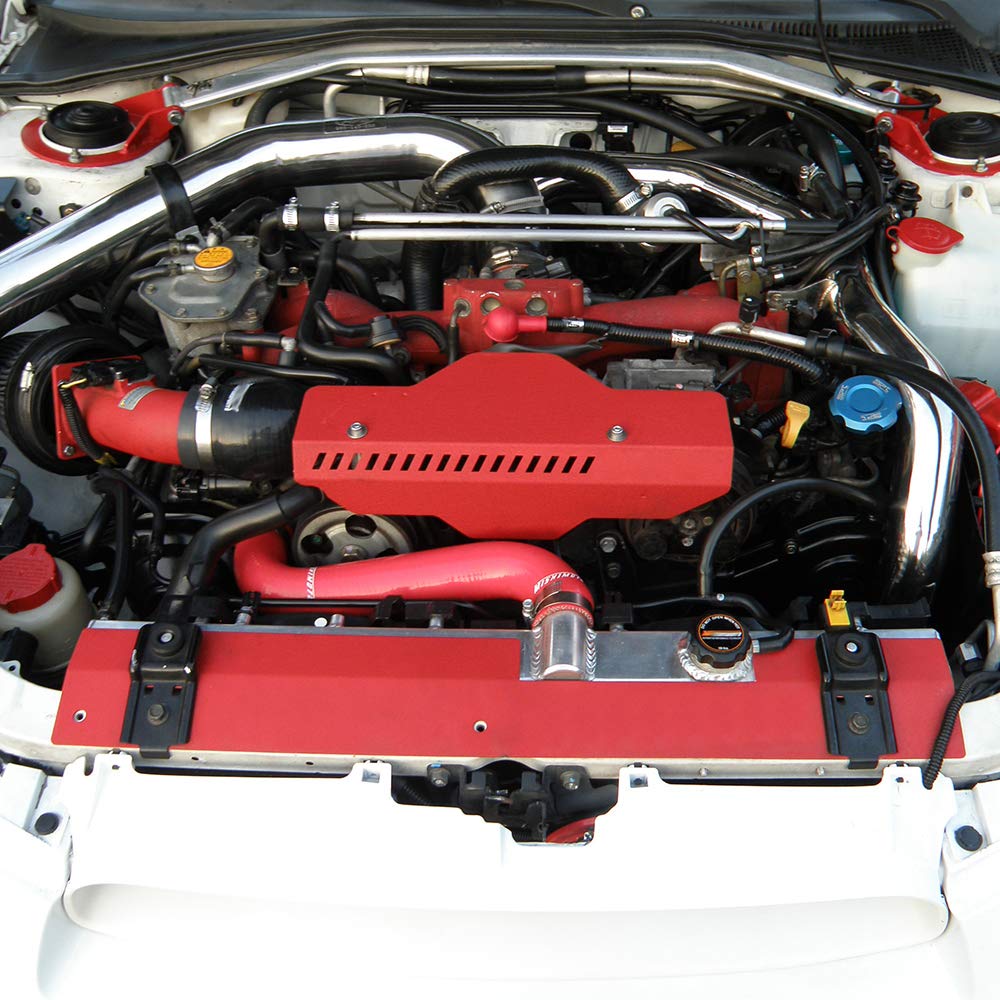 Full Aluminum Radiator Shroud & Pulley Belt Cover Combo, Compatible with Subaru WRX & STi 2008 2009 2010 2011 2012, Red