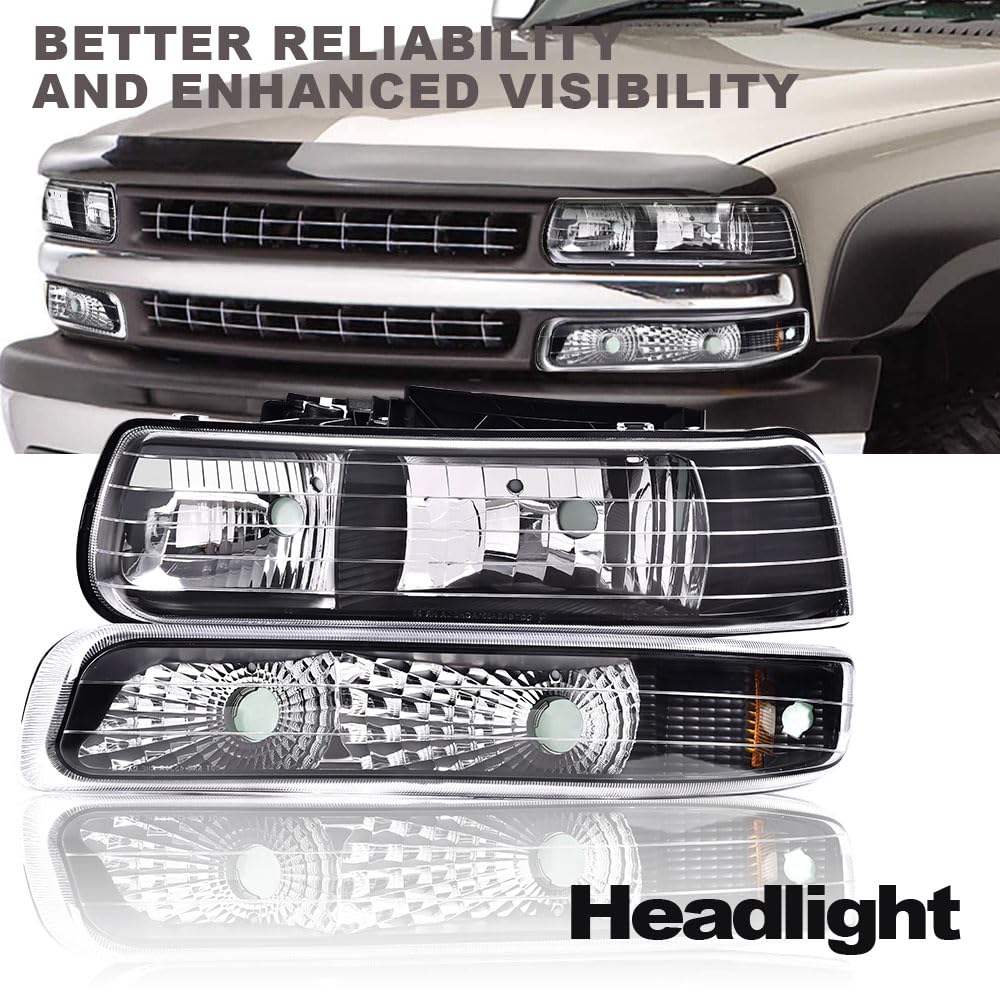 PIT66 Headlight Assembly + Brake Light Compatible with Chevy Silverado 1500 2500 1999-2002/Fit Silverado 1500HD 2500HD 3500 2001-2002/Fit Tahoe Suburban 2000-2006 Halogen Clear & Red Lens 12210025L