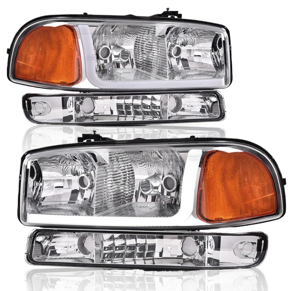PIT66 LED DRL Headlight Assembly Compatible with 1999-2007 GMC Sierra 1500 2500HD 3500 /Fit 99-06 Yukon, (NOT Fit Denali Trims) Clear Lens Chrome Housing Amber Reflector Headlamps Accessories
