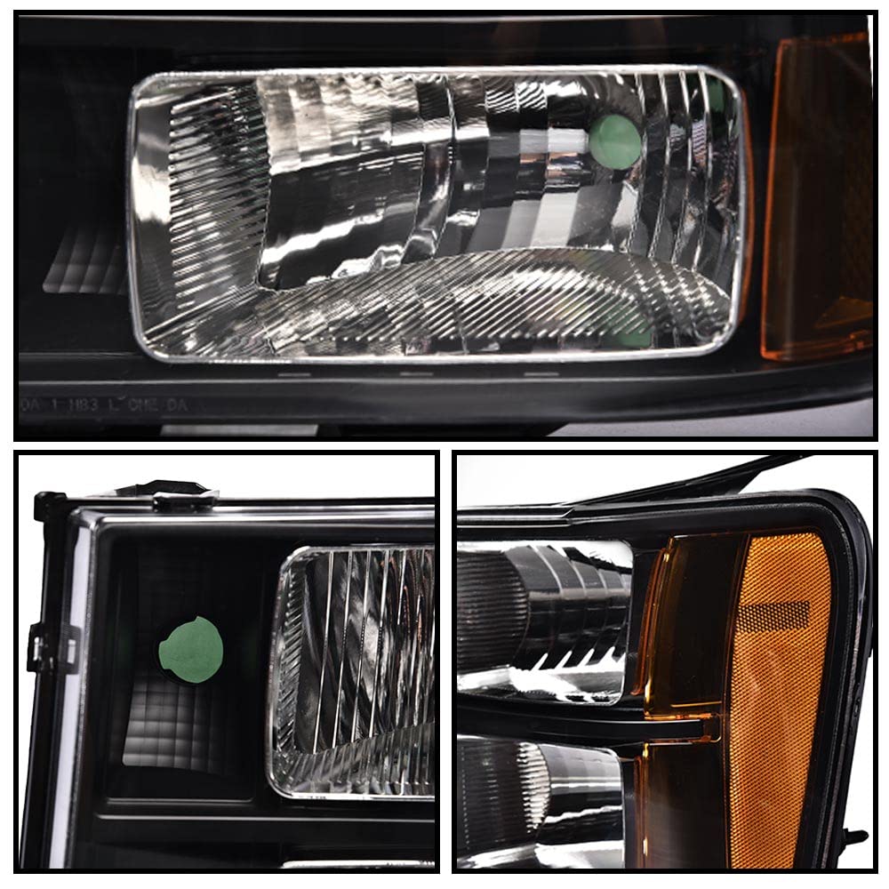 PIT66 Headlights Assembly Compatible with 2007-2013 GMC Sierra 1500, 07-14 2500HD 3500HD Driver & Passenger Side Halogen Headlamps Clear Lens Black Housing Amber Reflector faros delanteros