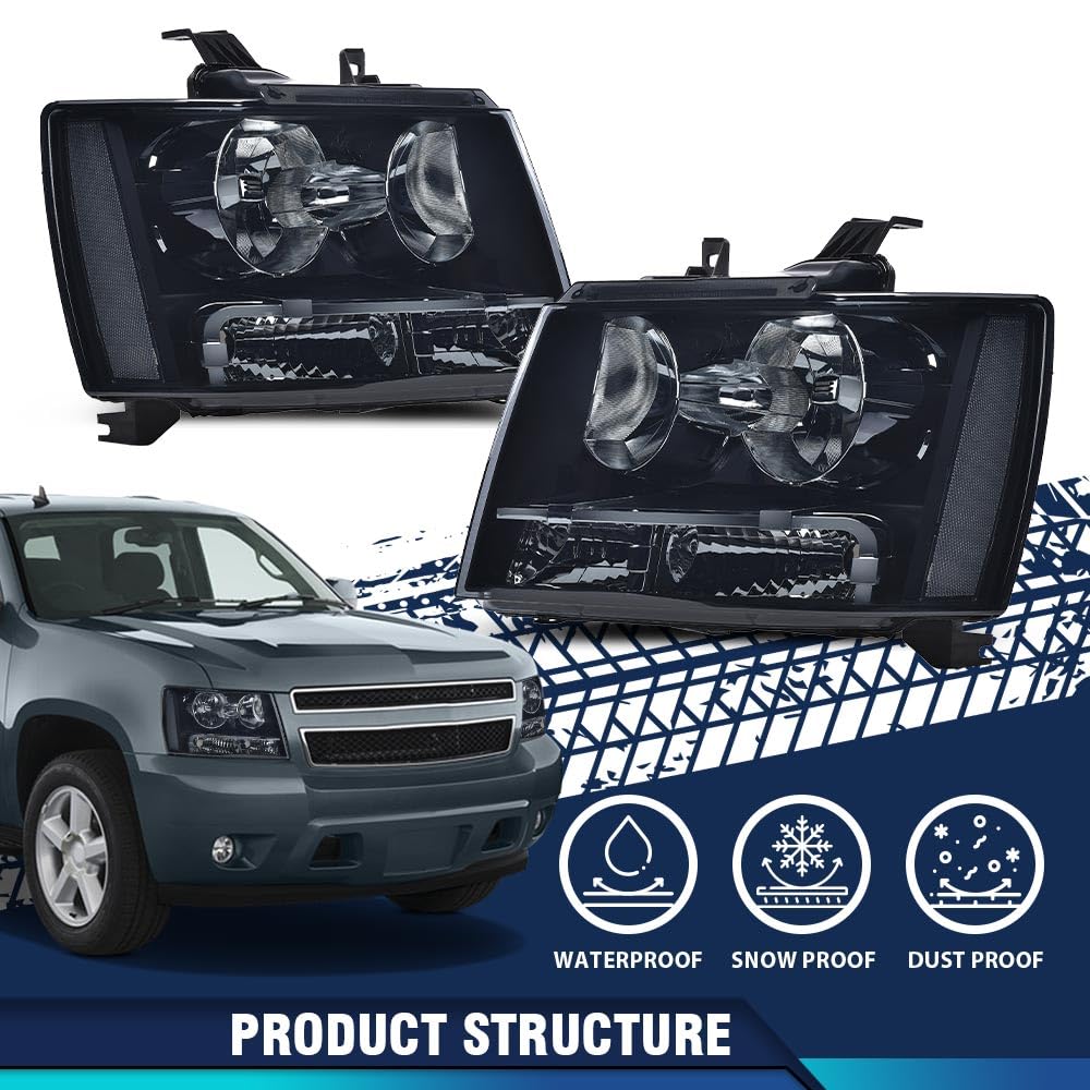 PIT66 Headlight Assembly Compatible with 2007-2014 Chevy Tahoe/Suburban 1500，Fit 07-13 Chevy Avalanche/Suburban 2500 Halogen Headlamps Smoke Lens Black Housing Clear Reflector
