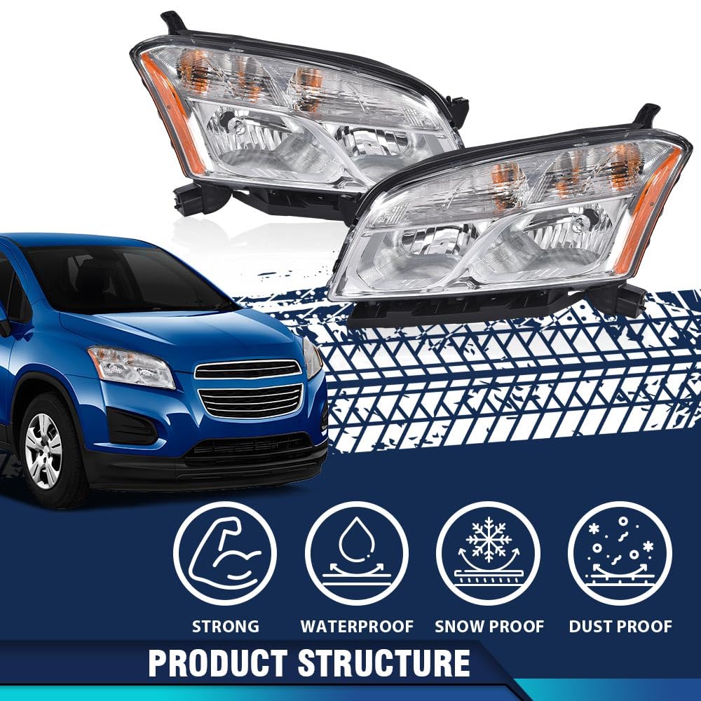 PIT66 Headlights Assembly Clear Lens Chrome Housing Compatible with Chevy Trax 2013-2016 GM2502401, GM2503401, 42359593, 42435939, 42359594, 42435940 Pair Halogen Headlamp
