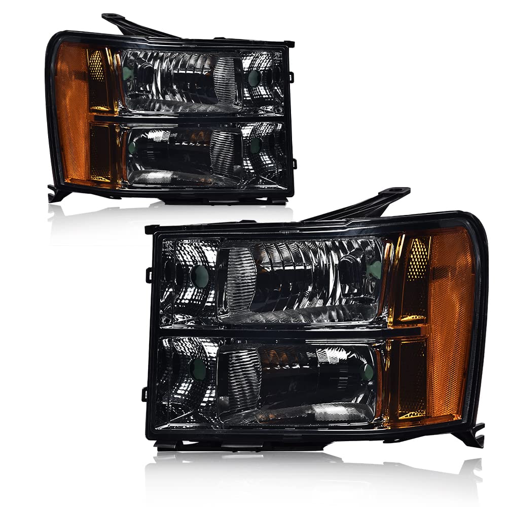 PIT66 Headlight Assembly Compatible with 2007-2013 GMC Sierra 1500 2500HD 3500HD Driver & Passenger Side Halogen Headlamps Smoky Lens Chrome Housing Amber Reflector